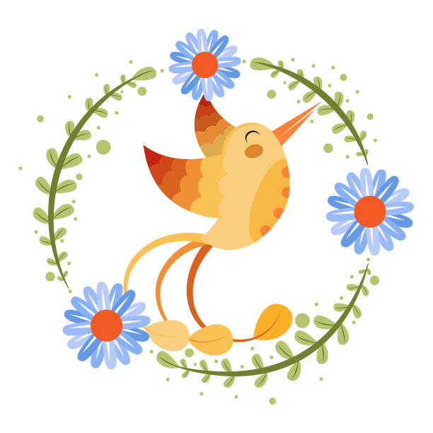 孤立的可爱的鸟在花框架矢量图片下载
