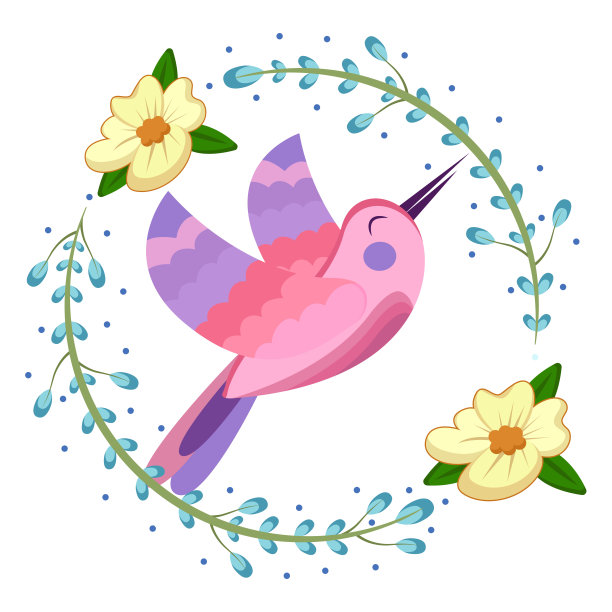 孤立的可爱的鸟在花框架矢量图片下载