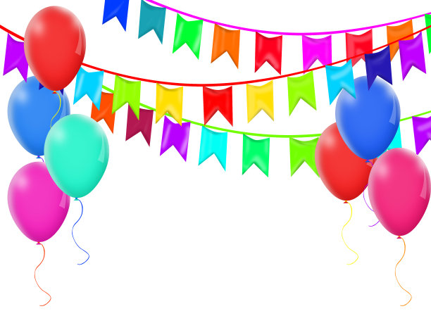 节日背景与彩色气球和旗帜在白色背景。图片下载