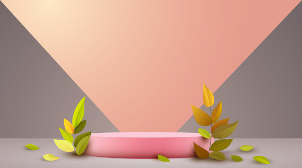 抽象的生态场景背景。带叶子的圆柱裙座。产品展示，模拟，展示天然化妆品。讲台、舞台底座或平台图片下载