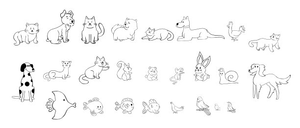 设置组动物黑色画线阴影矢量插图图片下载