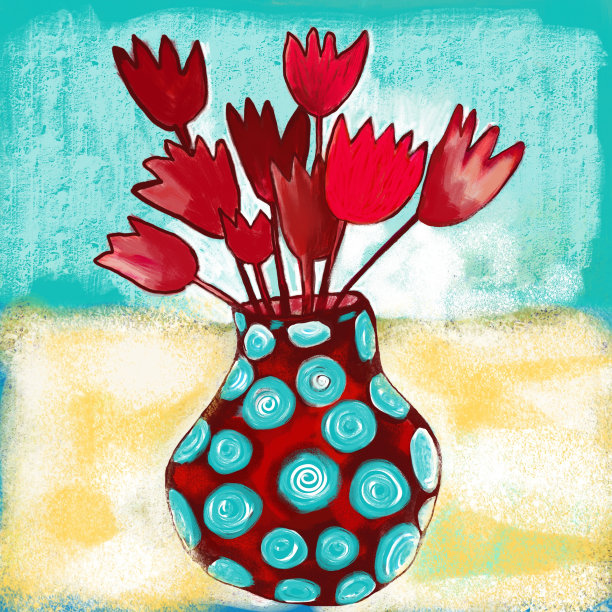 富有表现力的插图一束红色郁金香在一个装饰花瓶的鲜艳的颜色图片下载
