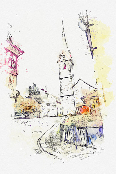 莱茵河畔斯坦因水彩画视图著名地标巴塞尔在瑞士西北部。图片下载