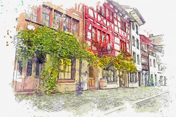 莱茵河畔斯坦因水彩画视图著名地标巴塞尔在瑞士西北部。图片下载