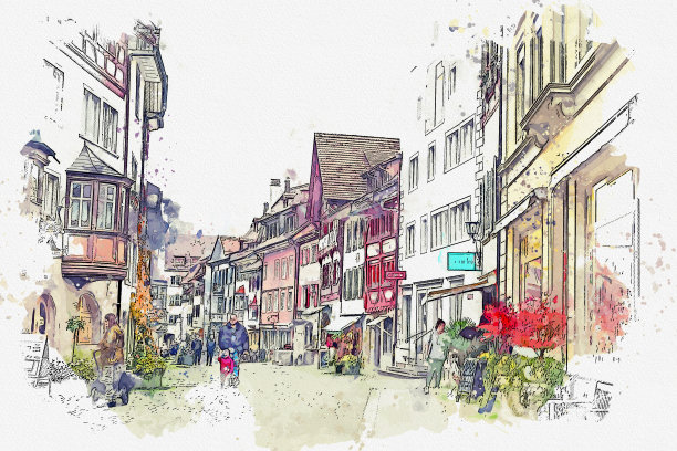 莱茵河畔斯坦因水彩画视图著名地标巴塞尔在瑞士西北部。图片下载