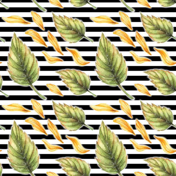 水彩花条纹图案与飞行的花瓣和叶子图片下载