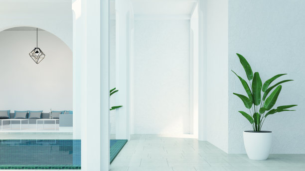 摩洛哥风格的现代豪华庭院住宅客厅花园和游泳池图片下载