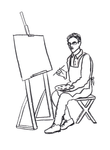 穿着围裙的年轻艺术家坐在空画架前，拿着画笔和调色板，他看着观众。手绘插图孤立在白色图片下载
