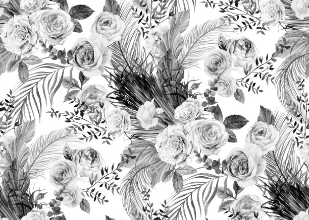 无缝的黑白图案与玫瑰花束和热带干花在波西米亚风格图片下载