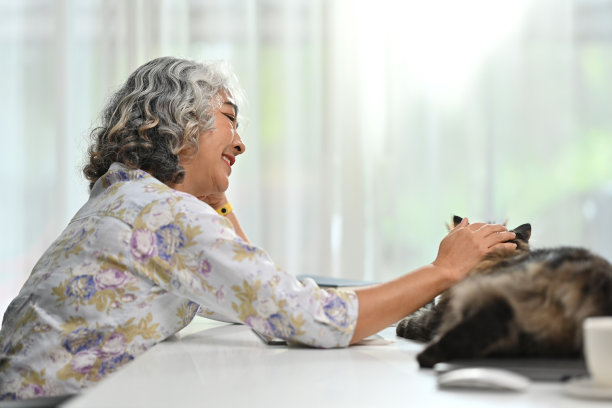 愉快的中年妇女抚摸着她可爱的毛茸茸的猫，对着镜头微笑。爱，家庭宠物概念。图片下载