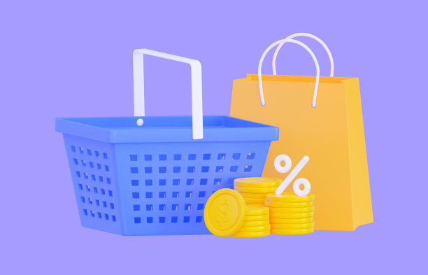 在促销时购物。购物车，带利息的包裹和金币。三维渲染图片下载