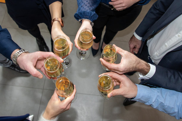 朋友们在聚会上用香槟酒杯敬酒图片下载