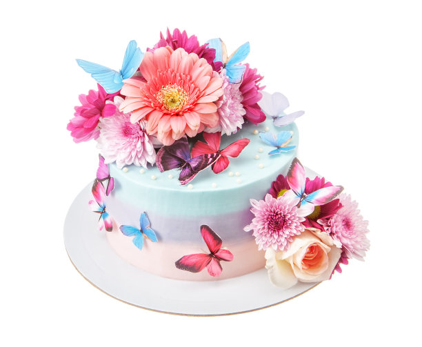用鲜花和蝴蝶装饰的奶油生日蛋糕。白色背景蛋糕。孤立。图片下载