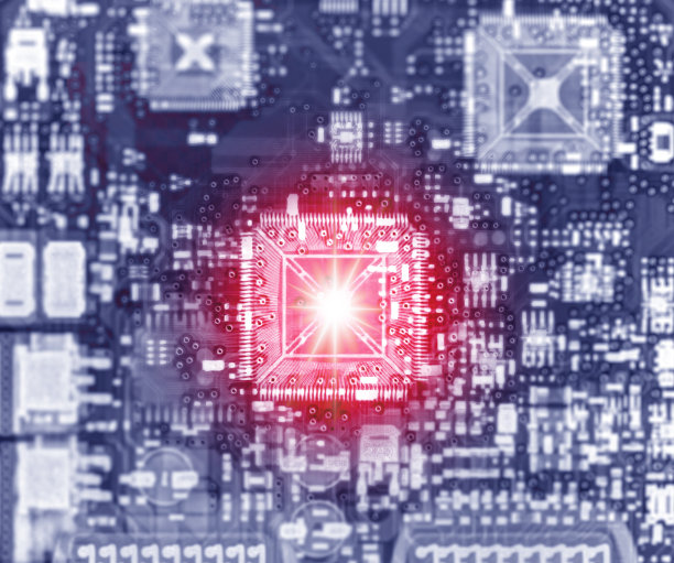 电路板上CPU的x光片。蓝色抽象技术背景。主板说明。图片下载