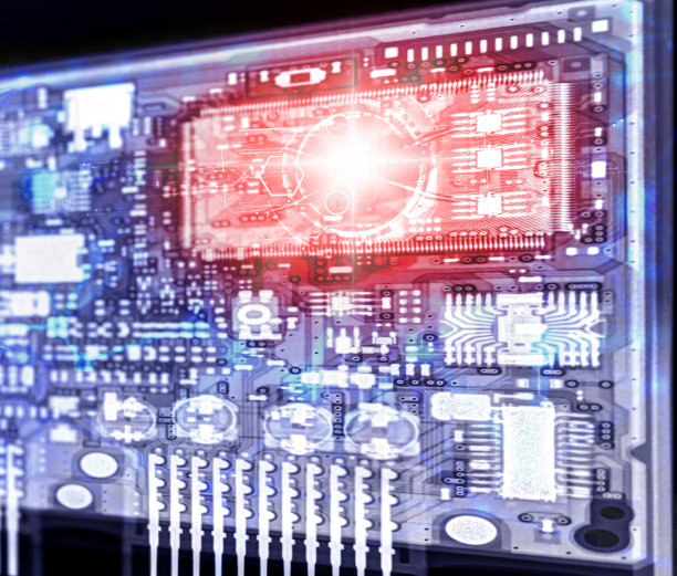 电路板上CPU的x光片。蓝色抽象技术背景。主板说明。图片下载