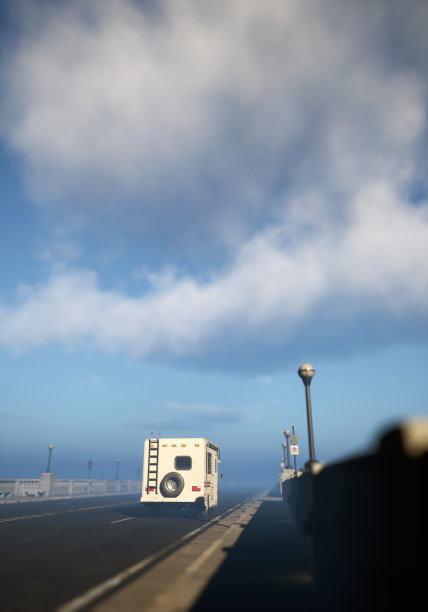 在蓝色多云的天空下，汽车家用汽车行驶在一座桥上。3 d渲染。图片下载