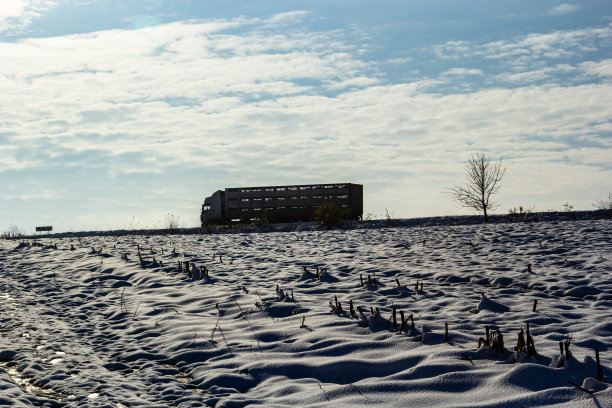 卡车在冬天的道路上行驶。从路边看，图像是蓝色的图片下载
