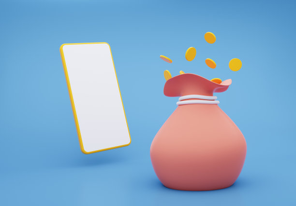 3d黄色电话和钱袋与飞行硬币在蓝色背景。三维渲染插图。图片下载