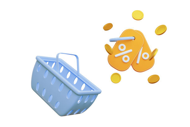 3D优惠券与折扣和篮子购物孤立的背景。3d代金券赠送金币。柔和的颜色。一张有百分比折扣的票。3d渲染图图片下载