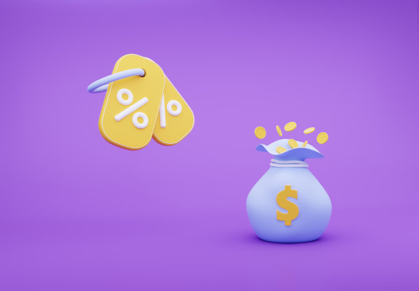 3d蓝色钱袋与美元标志和飞行黄色优惠券在紫色背景。三维渲染插图。图片下载