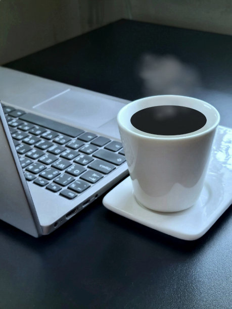 笔记本电脑放在办公室的黑色桌子上，还有一杯咖啡图片下载
