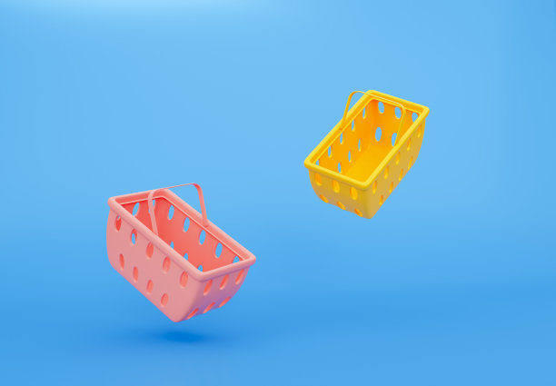 3D红色和黄色飞行篮购物在蓝色背景。柔和的颜色。3d渲染图图片下载