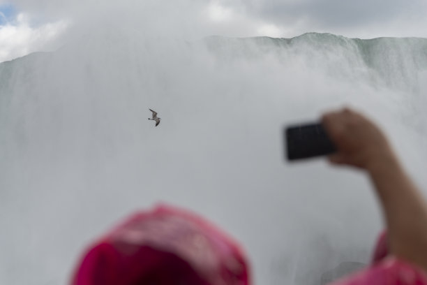 身穿粉色雨衣的游客在游船上拍摄尼亚加拉大瀑布。加拿大的尼亚加拉瀑布。图片下载