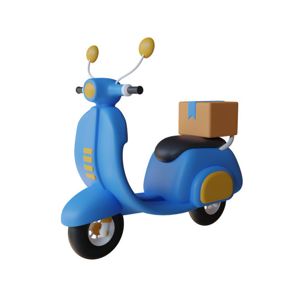 3d插图蓝色送货摩托车，从家里送货给客户或用于运送小型货物地点。图片下载