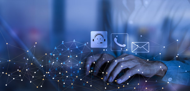 与我们联系，并支持概念和数字网络与蓝色空间背景图片下载