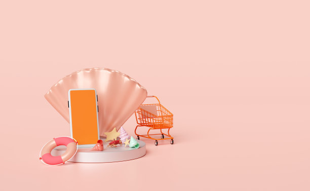 银色圆柱形舞台讲台，橙色手机或智能手机，推车，贝类，救生圈孤立在粉红色背景上。网上购物夏季销售概念，3d插图，3d渲染图片下载