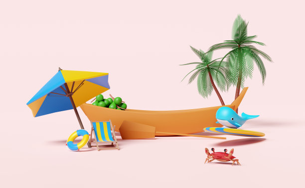夏季旅行与船，沙滩椅，伞，棕榈树，椰子，鲸鱼，冲浪板，螃蟹，救生圈，桨孤立在粉红色的背景。购物夏季销售概念，3d插图，3d渲染图片下载