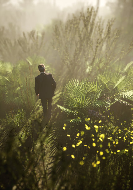 人在朦胧的热带荒野。高角视图。3 d渲染。图片下载