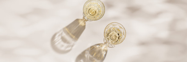 俯视图的葡萄酒杯与白葡萄酒，美丽的影子从树叶在阳光下，夏日酒精饮料背景米色，创意美学旗帜，复制空间，潮流静物图片下载