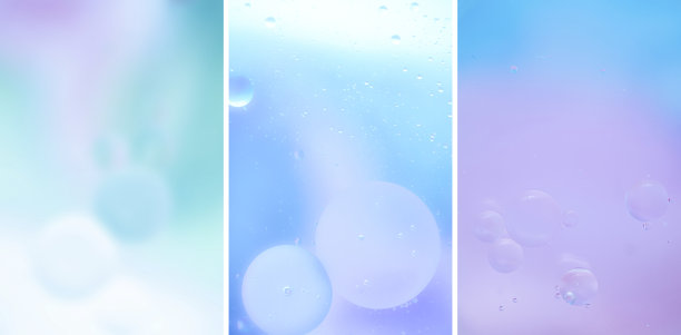 微距照片的油泡在水上。精致的化妆品蓝紫色背景的广告产品。垂直照片，复制空间。渐变，3个垂直图像的集合，横幅。梯度。图片下载