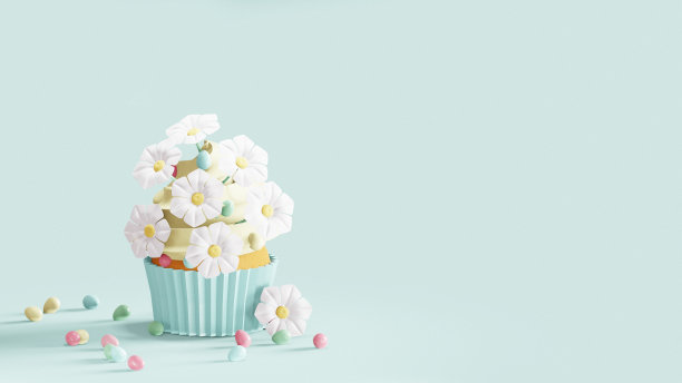 复活节蛋糕装饰的鸡蛋糖果和洋甘菊。三维渲染图片下载