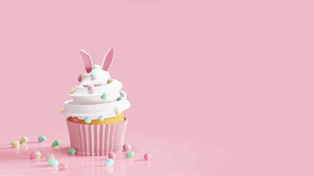复活节蛋糕装饰兔子耳朵和鸡蛋糖果。三维渲染图片下载