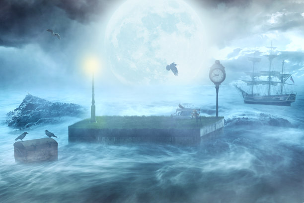 照片处理与一片悲伤的土地在大海的波浪图片下载