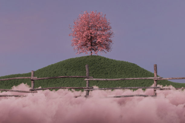 木栅栏和粉红色云彩后面的一棵树的3D渲染图片下载