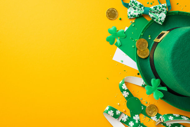 圣帕特里克节派对配件的俯视图照片小精灵帽子背带裤金币信封明信片三叶草蝴蝶结和洒水在孤立的黄色背景与空白图片下载