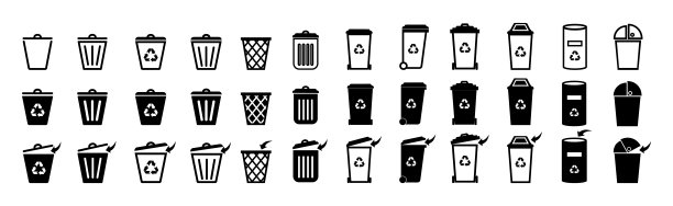 垃圾桶矢量图标集。一套五颜六色的垃圾容器。塑料、金属、玻璃、纸张、电子垃圾和有机垃圾的垃圾桶。垃圾桶。垃圾桶。废纸篓。垃圾箱图标。图片下载