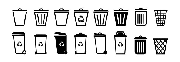 垃圾桶矢量图标集。bin图标集。回收站。矢量垃圾桶符号。垃圾箱图标。图片下载