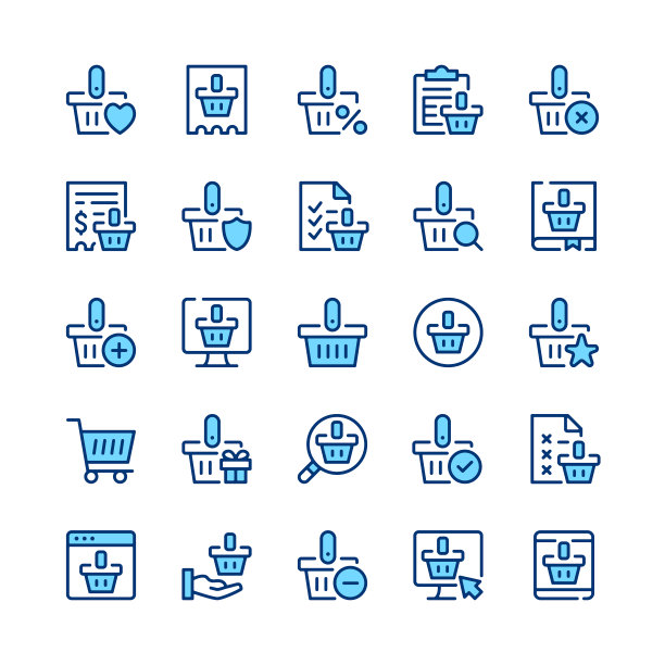 购物篮线图标。购物篮图标集。蓝色的颜色。勾勒出笔画符号。矢量线图标集图片下载