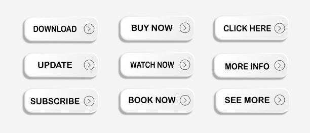 集合矢量现代潮流按钮。阅读更多，了解更多，立即购买，下载，观看，预订更多按钮套装。网页设计元素。矢量插图。新形态设计风格的白色按钮。每股收益10图片下载