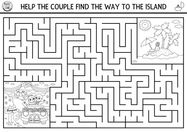 婚礼黑白迷宫的孩子与新娘和新郎去度蜜月。结婚典礼幼儿打印活动与刚结婚的夫妇。婚姻迷宫着色页图片下载