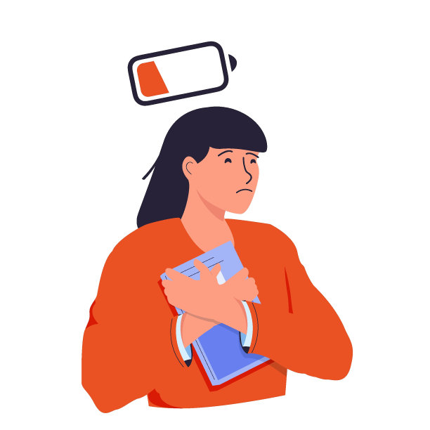 疲惫和不高兴的学生走路与低权力的象征。劳累过度的妇女厌倦了工作。矢量插图。图片下载