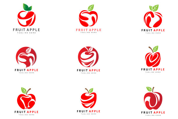 水果苹果标志设计，红色水果矢量，抽象风格，产品品牌标签说明图片下载