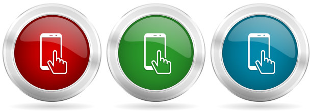 智能手机，手机矢量图标集。红色，蓝色和绿色银色金属网按钮铬边框图片下载