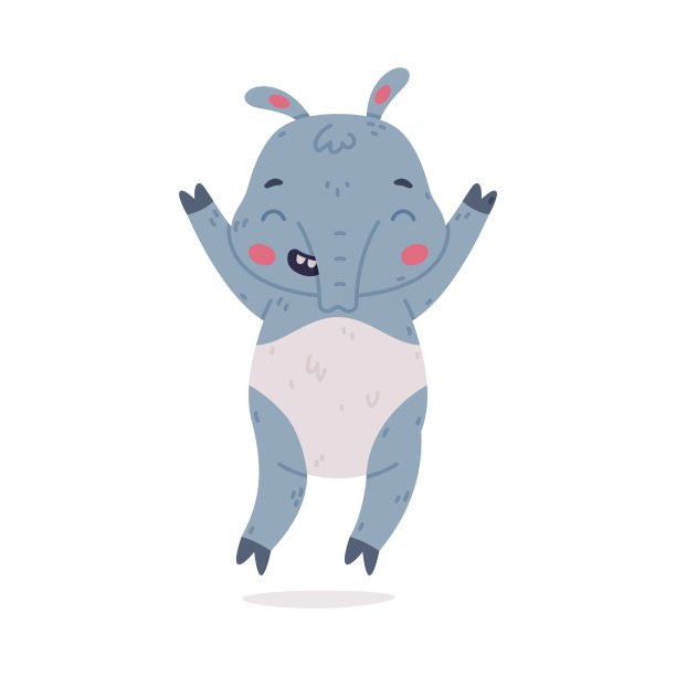 可爱的灰色貘动物与长鼻跳跃与欢乐矢量插图图片下载