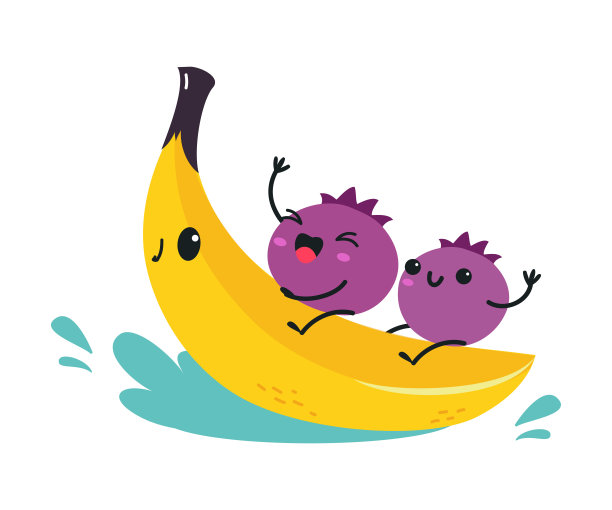 有趣的蓝莓骑香蕉在水中夏天水果字符享受假期和有乐趣矢量插图图片下载