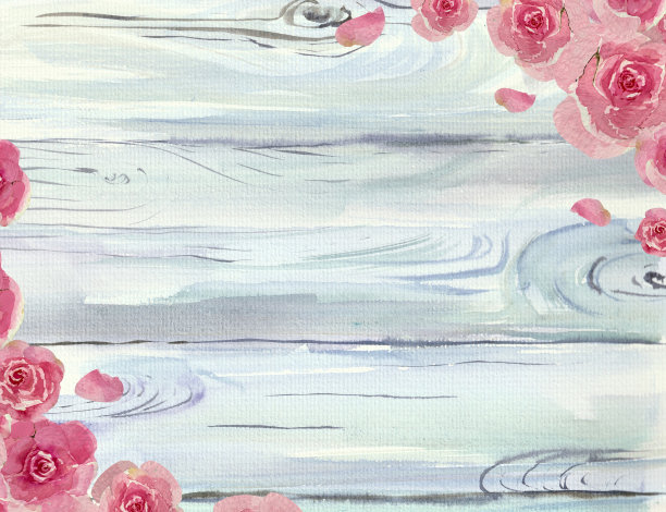 水彩玫瑰的Flatley不同形状的木制背景与复制空间图片下载